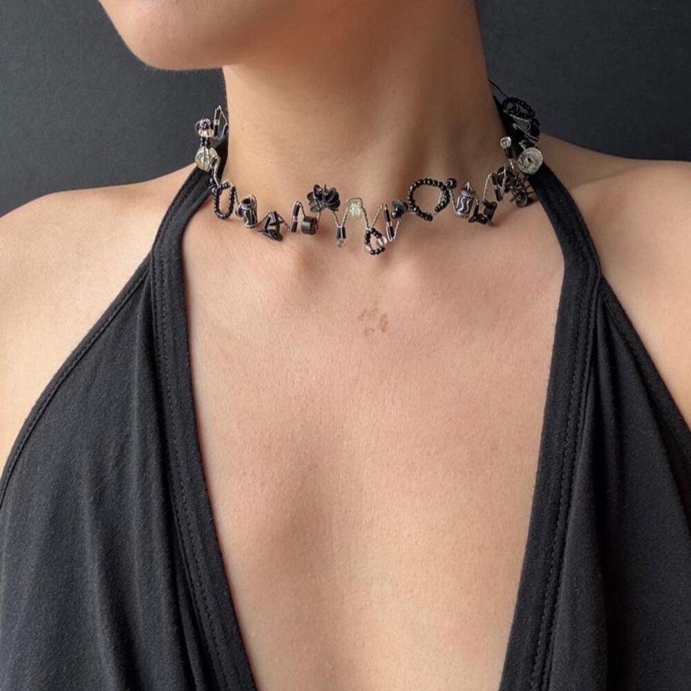 VTG Black & white beaded choker necklace with silver accents